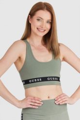 GUESS Zielony top sportowy z logo. Zielone topy damskie Guess, m, z aplikacjami, z bawełny, bez ramiączek. W wyprzedaży za 139.99 zł.
