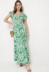 Zielona Rozkloszowana Sukienka Maxi z Luźnym Rękawem w Kwiatowy Print Oxeria. Zielone sukienki damskie Born2be, na lato, m, bez wzorów, bez kołnierzyka, bez ramiączek, maxi, rozkloszowane. W wyprzedaży za 79.99 zł.