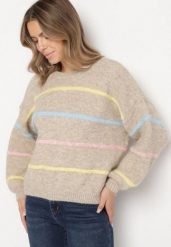 Beżowy Nietoperzowy Sweter z Domieszką Wełny w Kolorowe Paski Rallieva. Brązowe swetry klasyczne damskie Born2be, l, z jeansu, bez kołnierzyka. Za 149.99 zł.