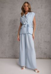 Niebieski Wiskozowy Komplet Garniturowy Spodnie Wide Leg i Kamizelka z Paskiem Elyenryl. Niebieskie kamizelki damskie Renee, bez wzorów, z materiału, eleganckie. Za 209.99 zł.