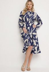 Granatowa Rozkloszowana Sukienka z Bawełną w Abstrakcyjny Wzór Silsedi. Niebieskie sukienki damskie Born2be, na co dzień, m, bez wzorów, z bawełny, eleganckie, bez kołnierzyka, bez ramiączek, midi, rozkloszowane. W wyprzedaży za 87.99 zł.