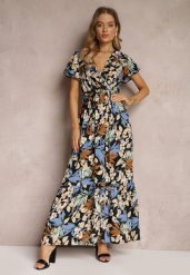 Czarno-Niebieska Sukienka z Wiskozy Maxi w Kwiaty Mahiza. Czarne sukienki damskie Renee, l, bez wzorów, z tkaniny, bez kołnierzyka, bez ramiączek, maxi, kopertowe. W wyprzedaży za 62.99 zł.