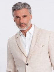 Męska marynarka o kroju REGULAR z lnem - kremowa V1 OM-BLZB-0128 - XXL. Białe marynarki męskie Ombre Clothing, bez wzorów, z materiału. W wyprzedaży za 249.99 zł.