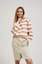 Bluza w paski z bufiastymi rękawami brązowa. Brązowe bluzy bez kaptura damskie MOODO, l. W wyprzedaży za 59.99 zł.