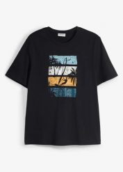 T-shirt z czystej bawełny organicznej. Czarne t-shirty męskie bonprix, m, bez wzorów, z bawełny, bez kołnierzyka. Za 52.99 zł.