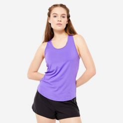 Top fitness damski Domyos My Top. Fioletowe topy sportowe damskie DOMYOS, l, bez wzorów, z dzianiny, bez ramiączek. Za 14.99 zł.
