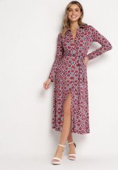 Czerwono-Biała Taliowana Sukienka Maxi z Materiałowym Paskiem w Geometryczny Print Filint. Niebieskie sukienki damskie Born2be, l, bez wzorów, z materiału, bez kołnierzyka, bez ramiączek, maxi, koszulowe. Za 169.99 zł.