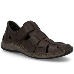 Skórzane półbuty męskie ażurowe brązowe Rieker 05281-25. Brązowe półbuty męskie Rieker, ze skóry, bez zapięcia. Za 369.00 zł.