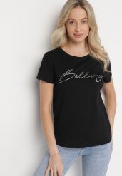 Czarny Bawełniany T-shirt z Ozdobnym Napisem Virretis. Czarne t-shirty damskie Born2be, m, bez wzorów, z bawełny, bez kołnierzyka. Za 34.99 zł.