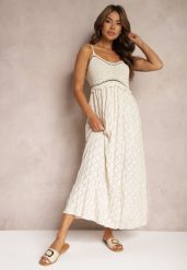 Beżowa Sukienka na Ramiączkach o Rozkloszowanym Kroju Quemvia. Brązowe sukienki damskie Renee, na co dzień, z aplikacjami, glamour, bez kołnierzyka, bez ramiączek, maxi, rozkloszowane. W wyprzedaży za 90.99 zł.