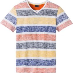 T-shirt Slim Fit bonprix biały w kolorowe paski. Białe t-shirty męskie bonprix, m, bez wzorów, bez kołnierzyka. Za 34.99 zł.