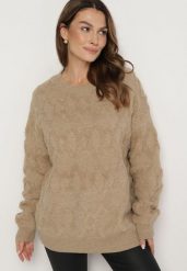 Ciemnobeżowy Sweter o Luźnym Kroju i Wzorzystym Splocie ze Ściągaczami Elondrae. Brązowe swetry klasyczne damskie Born2be, uniwersalny, z bawełny, bez kołnierzyka. Za 149.99 zł.