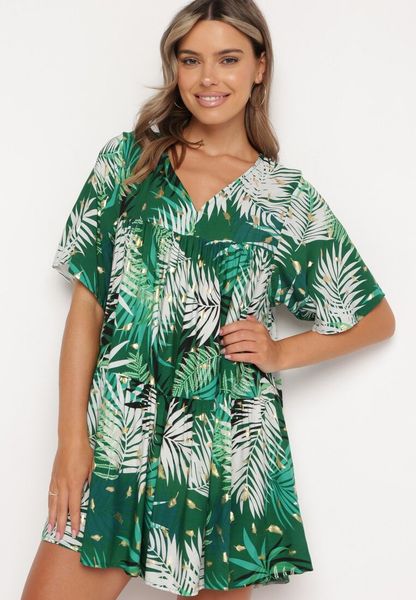 Biało-Zielona Rozkloszowana Sukienka z Dekoltem w Serek i Falbanką Tiamaria. Białe sukienki damskie Born2be, na co dzień, na lato, l, bez wzorów, eleganckie, bez kołnierzyka, bez ramiączek, proste. Za 34.99 zł.