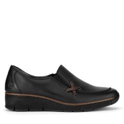 Półbuty Rieker. Czarne półbuty damskie Rieker, bez wzorów, bez obcasa, na płaskiej podeszwie. Za 329.99 zł.