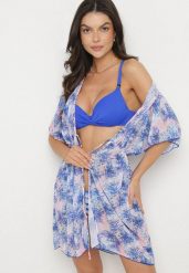 Niebieska Narzutka Plażowa w Kwiaty z Wiązaniem Ulonesia. Niebieskie bikini damskie Born2be, bez wzorów. Za 69.99 zł.