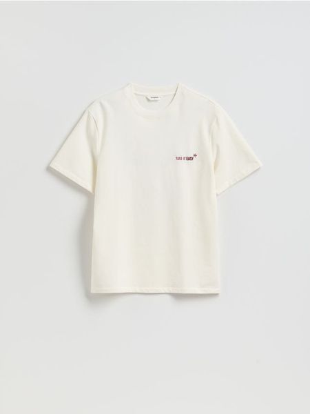 T-shirt comfort z nadrukiem na plecach - złamana biel. T-shirty męskie Reserved, l, bez wzorów, z bawełny, bez kołnierzyka. Za 79.99 zł.