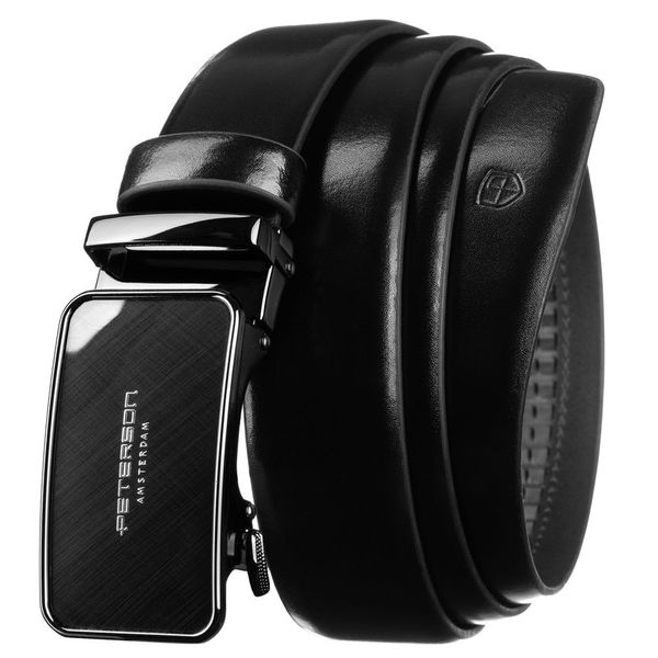 Elegancki pasek męski ze skóry naturalnej w czarnym kolorze z automatyczną, srebrną klamrą - Peterson. Czarne paski męskie Peterson, bez wzorów, ze skóry, eleganckie. Za 129.00 zł.