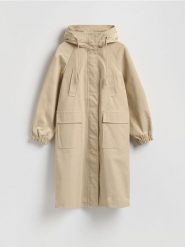 Parka z kapturem - beżowy. Brązowe parki damskie Reserved, l, bez wzorów, z tkaniny. Za 299.99 zł.