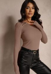 Brązowa Bawełniana Bluzka z Prążkowanego Materiału z Guzikami Simlemi. Brązowe bluzki damskie Renee, l, bez wzorów, z bawełny, eleganckie, bez kołnierzyka, bez ramiączek. Za 49.99 zł.