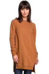 Karmelowa Długa Nierozpinana Bluza z Rozporkami. Brązowe bluzy bez kaptura damskie MOE, l, z bawełny. Za 249.90 zł.