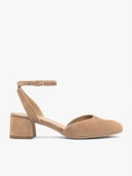 Jasnobrązowe czółenka slingback. Brązowe czółenka damskie Ryłko, bez wzorów, ze skóry, bez obcasa, na obcasie. Za 399.99 zł.