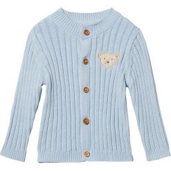 Sweter rozpinany w kolorze błękitnym. Niebieskie swetry chłopięce Steiff, z aplikacjami, bez kołnierzyka. W wyprzedaży za 119.95 zł.