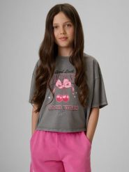 4F T-shirt boxy z nadrukiem dziewczęcy - szary 134/140 (8-10 lat). Szare koszulki dziewczęce 4f, bez wzorów, z bawełny, bez ramiączek. Za 49.99 zł.