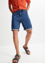 Bermudy dżinsowe z elastycznymi wstawkami w talii po bokach, Classic Fit. Niebieskie szorty męskie bonprix, bez wzorów, z jeansu. Za 84.99 zł.