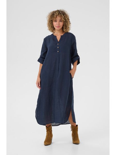 Kaffe Lniana sukienka w kolorze granatowym rozmiar: XS. Niebieskie sukienki damskie Kaffe, na co dzień, xs, bez wzorów, ze lnu, bez kołnierzyka, bez ramiączek, maxi, proste. Za 173.99 zł.