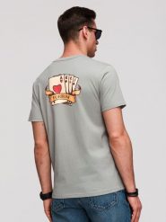 Męski bawełniany T-shirt o kroju regular z printem w stylu vitage tattoo - szary V1 - Rozmiar: S. Szare t-shirty męskie Ombre Clothing, m, bez wzorów, z bawełny, bez kołnierzyka. W wyprzedaży za 59.99 zł.