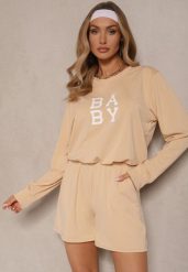 Beżowy Komplet Dresowy 2-Częściowy Bluza Krótsza i Luźne Spodenki Szorty Frania. Brązowe bluzy bez kaptura damskie Renee, bez wzorów, z dresówki. Za 54.99 zł.