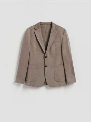 Marynarka slim fit z dodatkiem wiskozy - brązowy. Brązowe marynarki męskie Reserved, bez wzorów, z dzianiny. Za 199.99 zł.