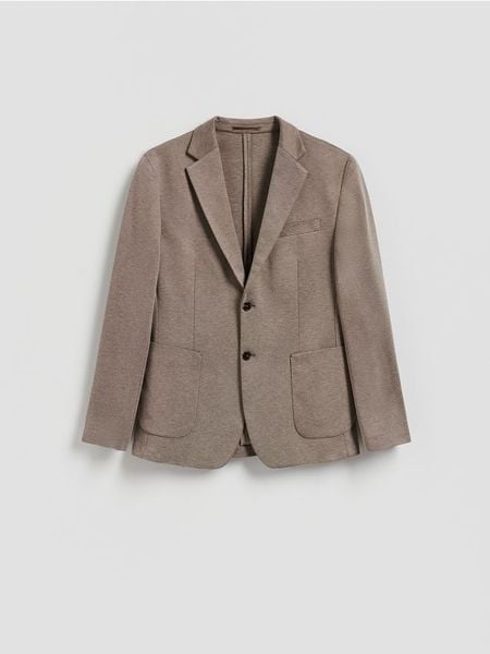 Marynarka slim fit z dodatkiem wiskozy - brązowy. Brązowe marynarki męskie Reserved, bez wzorów, z dzianiny. Za 199.99 zł.