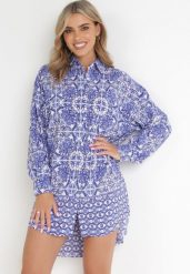 Niebieska Koszulowa Sukienka w Fantazyjny Print Kamilani. Niebieskie sukienki damskie Born2be, m, bez wzorów, klasyczne, bez kołnierzyka, bez ramiączek, mini, koszulowe. W wyprzedaży za 127.99 zł.