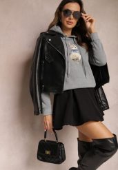 Szara Ocieplana Bluza z Ozdobnym Nadrukiem i Kapturem Hitee. Szare bluzy z kapturem damskie Renee, l, z dzianiny. Za 79.99 zł.