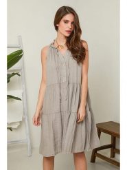 Rodier Lin Lniana sukienka w kolorze szarobrązowym rozmiar: XL/XXL. Brązowe sukienki damskie Rodier Lin, xl, bez wzorów, ze lnu, bez kołnierzyka, bez ramiączek, midi. Za 154.07 zł.