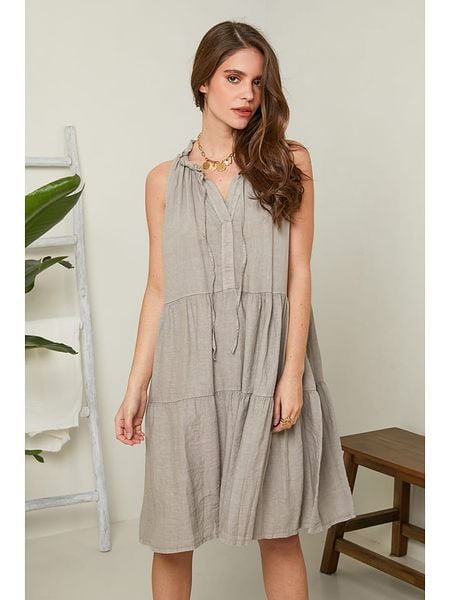 Rodier Lin Lniana sukienka w kolorze szarobrązowym rozmiar: XL/XXL. Brązowe sukienki damskie Rodier Lin, xl, bez wzorów, ze lnu, bez kołnierzyka, bez ramiączek, midi. Za 154.07 zł.