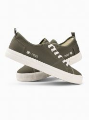 Klasyczne męskie trampki niskie BASIC - oliwkowe V3 OM-FOTL-0145 - 41. Zielone trampki i tenisówki męskie Ombre Clothing, bez wzorów, z gumy, bez zapięcia. W wyprzedaży za 69.99 zł.