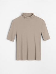 Prążkowana koszulka ze stójką - brązowy. Brązowe t-shirty damskie Sinsay, l, bez wzorów, prążkowane, bez kołnierzyka. Za 25.99 zł.