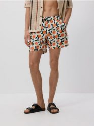 Wzorzyste szorty plażowe - pomarańczowy. Brązowe szorty męskie Reserved, z tkaniny, bez kołnierzyka. Za 79.99 zł.