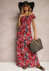 Granatowo-Czerwona Rozkloszowana Sukienka Hiszpanka z Wiskozy w Kwiatowy Wzór Viseria. Niebieskie sukienki damskie Renee, na co dzień, bez wzorów, z materiału, eleganckie, bez kołnierzyka, bez ramiączek, maxi, rozkloszowane. Za 69.99 zł.