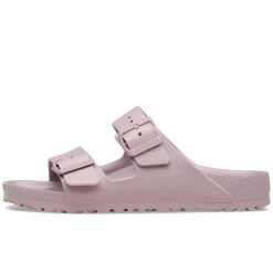 Klapki Birkenstock Arizona Eva Damskie. Fioletowe klapki damskie Birkenstock, bez wzorów, z materiału, bez obcasa. Za 279.10 zł.