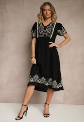 Czarna Rozkloszowana Sukienka z Bawełny w Stylu Boho z Haftowanymi Zdobieniami Lannilsa. Czarne sukienki damskie Renee, na spotkanie biznesowe, l, z aplikacjami, z bawełny, boho, bez kołnierzyka, bez ramiączek, midi, rozkloszowane. W wyprzedaży za 135.99 zł.