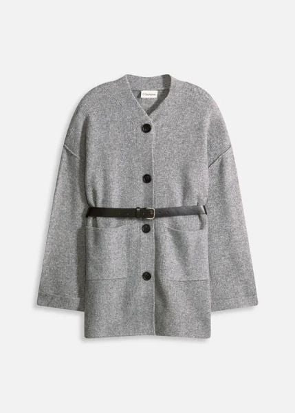Krótki płaszcz dzianinowy z paskiem. Szare płaszcze damskie bonprix, bez wzorów, z dzianiny. Za 189.99 zł.
