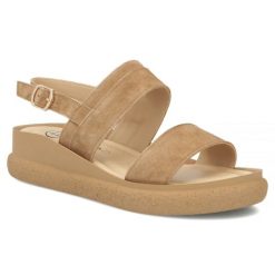 Skórzane sandały damskie na koturnie camel Filippo DS7746. Brązowe sandały damskie Filippo, bez wzorów, ze skóry, bez obcasa, na koturnie. Za 179.99 zł.