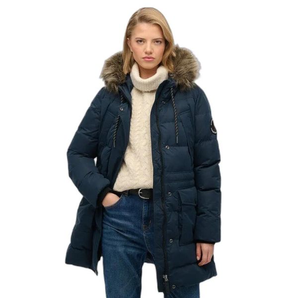 Damska kurtka puchowa o średniej długości Superdry Everest. Niebieskie kurtki damskie Superdry., xl, bez wzorów, z mikrofibry, bez kaptura. Za 855.35 zł.