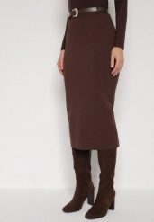Brązowa Ołówkowa Spódnica z Wiskozą Zdobiona Rozcięciem i Paskiem Rowedela. Brązowe spódniczki damskie Born2be, m, z aplikacjami, z wiskozy, eleganckie, midi, koszulowe. Za 79.99 zł.