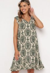 Zielono-Beżowa Bawełniana Sukienka w Stylu Boho na Ramiączkach z Falbanką Zaelle. Zielone sukienki damskie Born2be, na co dzień, l, bez wzorów, z bawełny, boho, bez kołnierzyka, bez ramiączek, midi. W wyprzedaży za 35.99 zł.