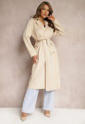 Jasnobeżowy Casualowy Wiązany Płaszcz z Kieszeniami Haliasem. Brązowe płaszcze damskie Renee, uniwersalny, bez wzorów, z jeansu, eleganckie. Za 119.99 zł.