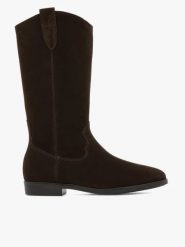 Brązowe kozaki ze skóry welurowej. Brązowe kozaki damskie Ryłko, z denimu, z okrągłym noskiem, bez obcasa, na płaskiej podeszwie. Za 579.99 zł.